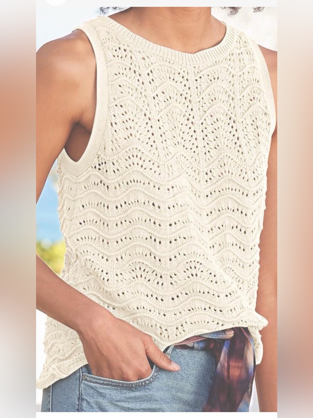 Sundance Whisper Ivory Ravina Shell Crochet Knit Sleeveless Tank Top Size M